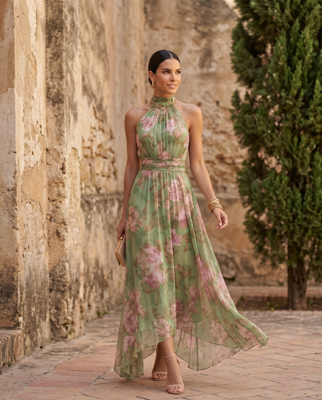 Greta | Abito Midi a Fiori con Scollo All’americana