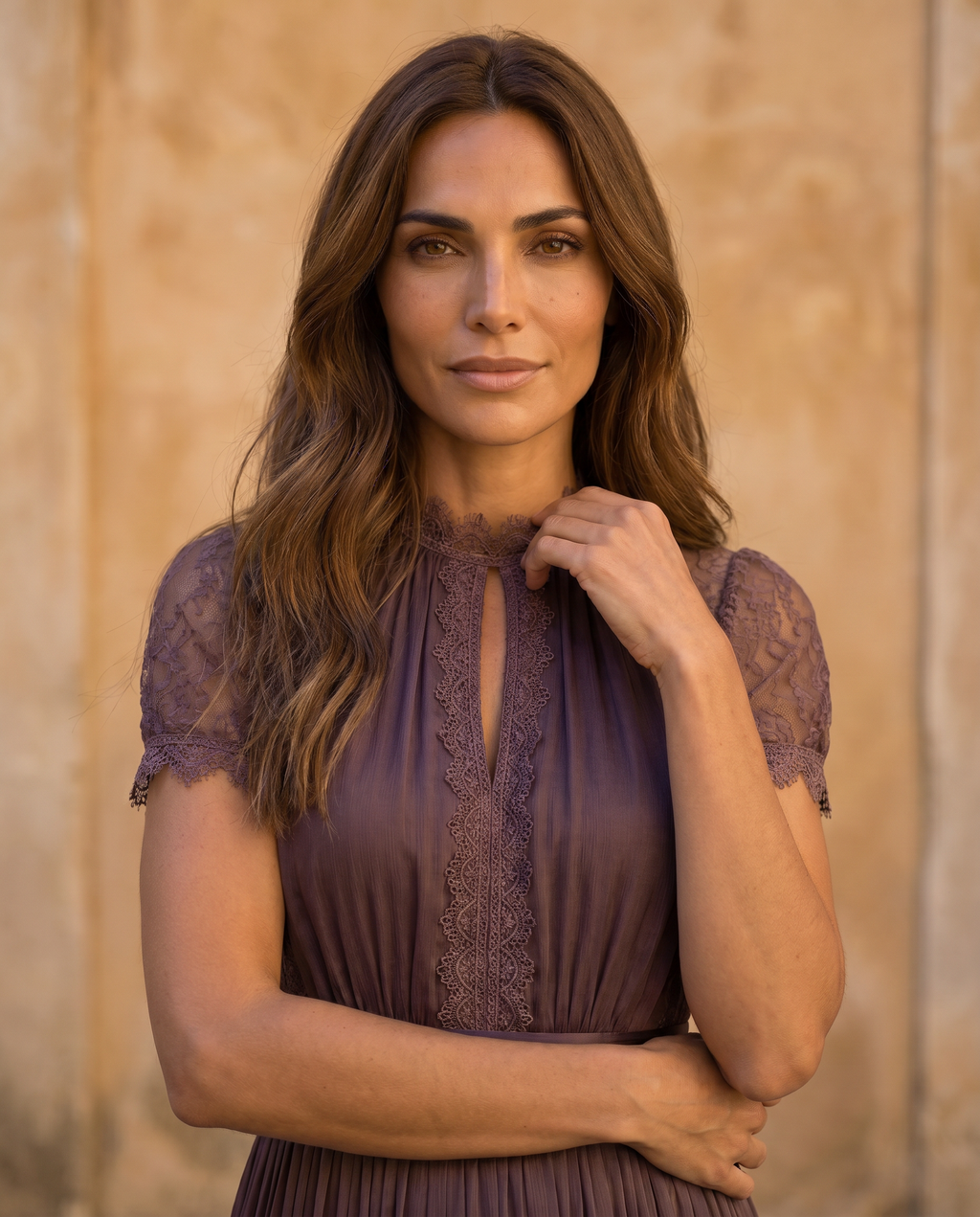 Rosaria | Abito Lungo Viola con Scollo a Chiave, Bordo in Pizzo di Chiffon