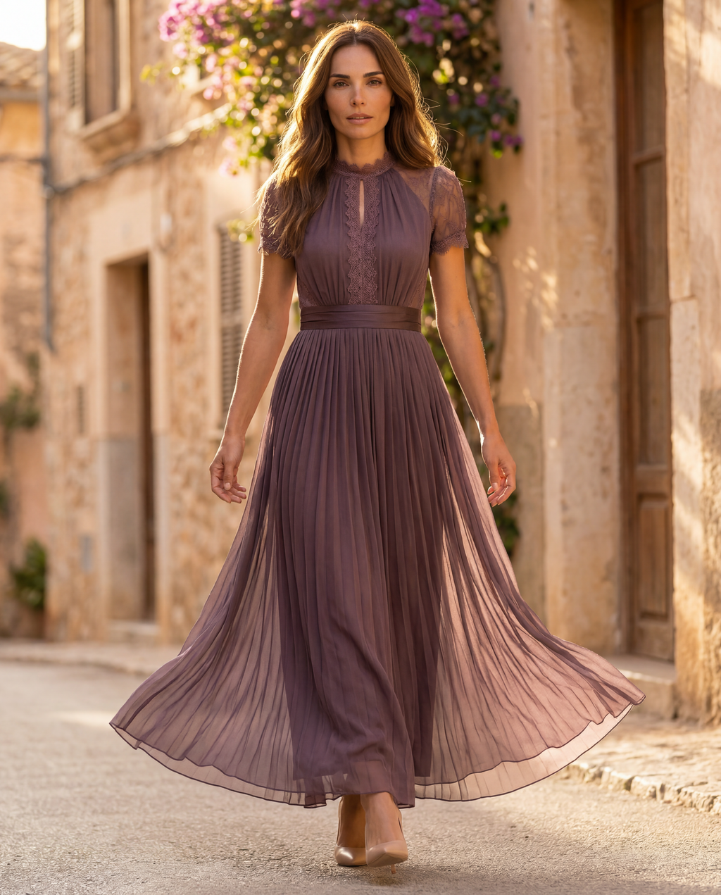 Rosaria | Abito Lungo Viola con Scollo a Chiave, Bordo in Pizzo di Chiffon